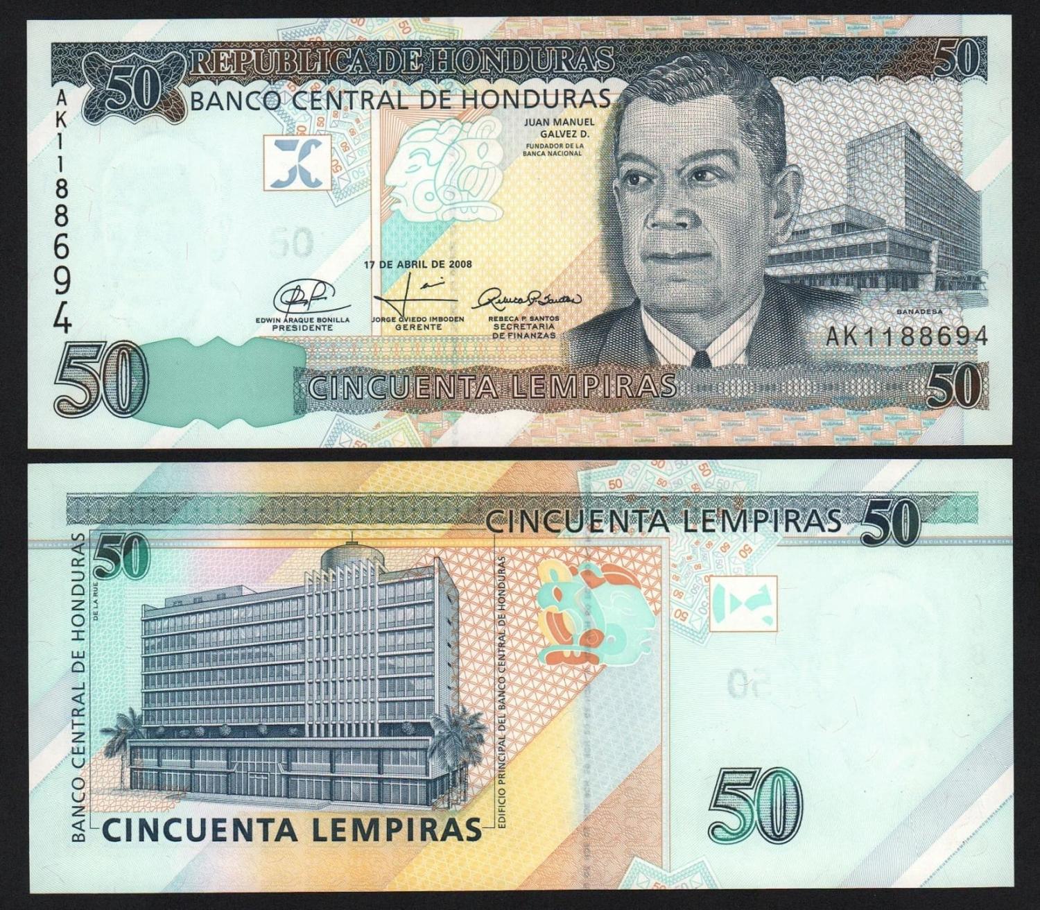 Банкнота Гондурас 50 лемпир 2008 год UNC! от Аукциона Значки и Знаки