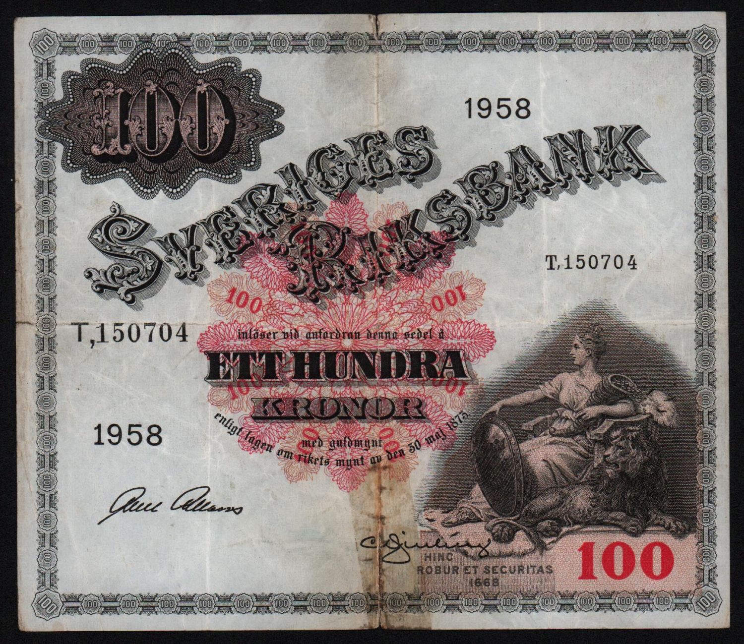 Банкнота Швеция 100 крон 1958 год из оборота! от Аукциона Значки и Знаки