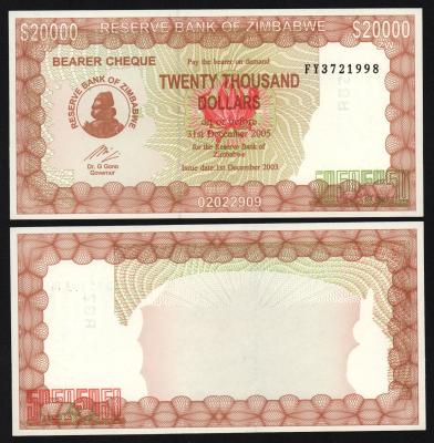 Банкнота Зимбабве 20000 долларов 2005 год UNC-! Банкнота Зимбабве 20000 долларов 2005 год UNC-!