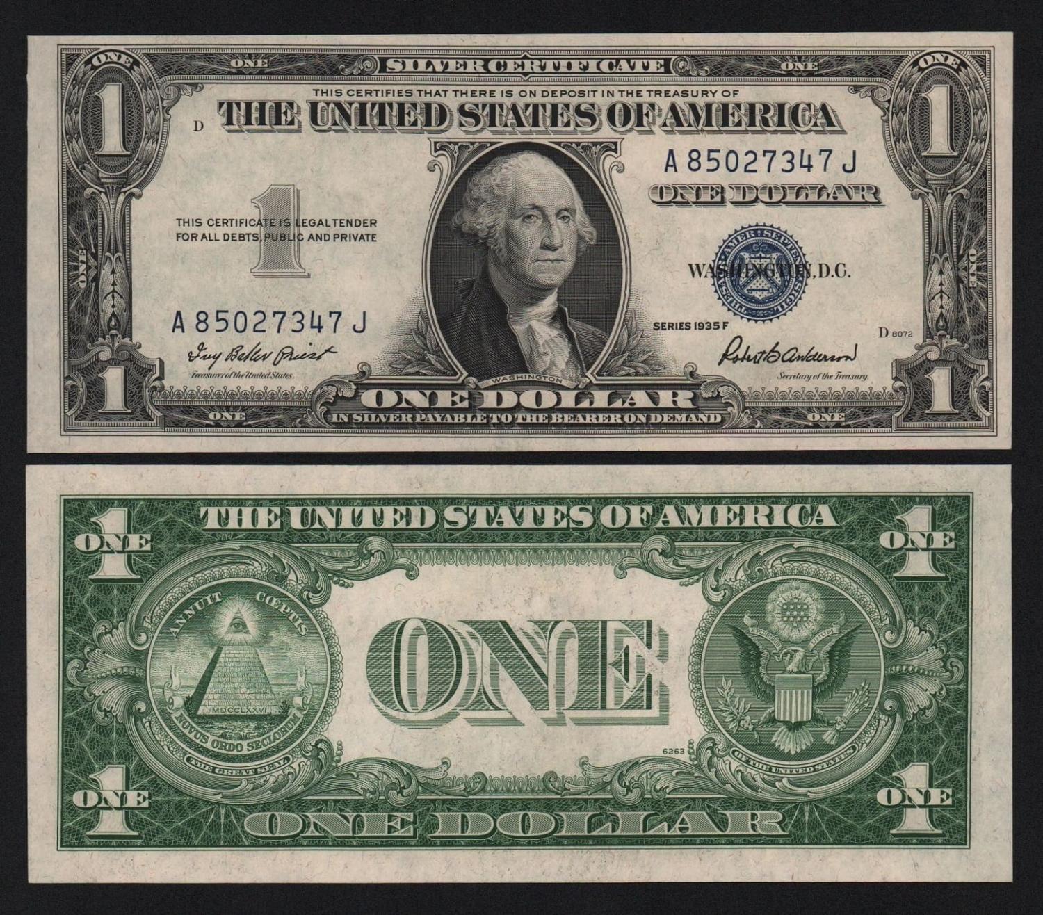 Банкнота США 1 доллар 1935 год Литеры AJ подпись Роберт Бернард Андерсон UNC! от Аукциона Значки и Знаки
