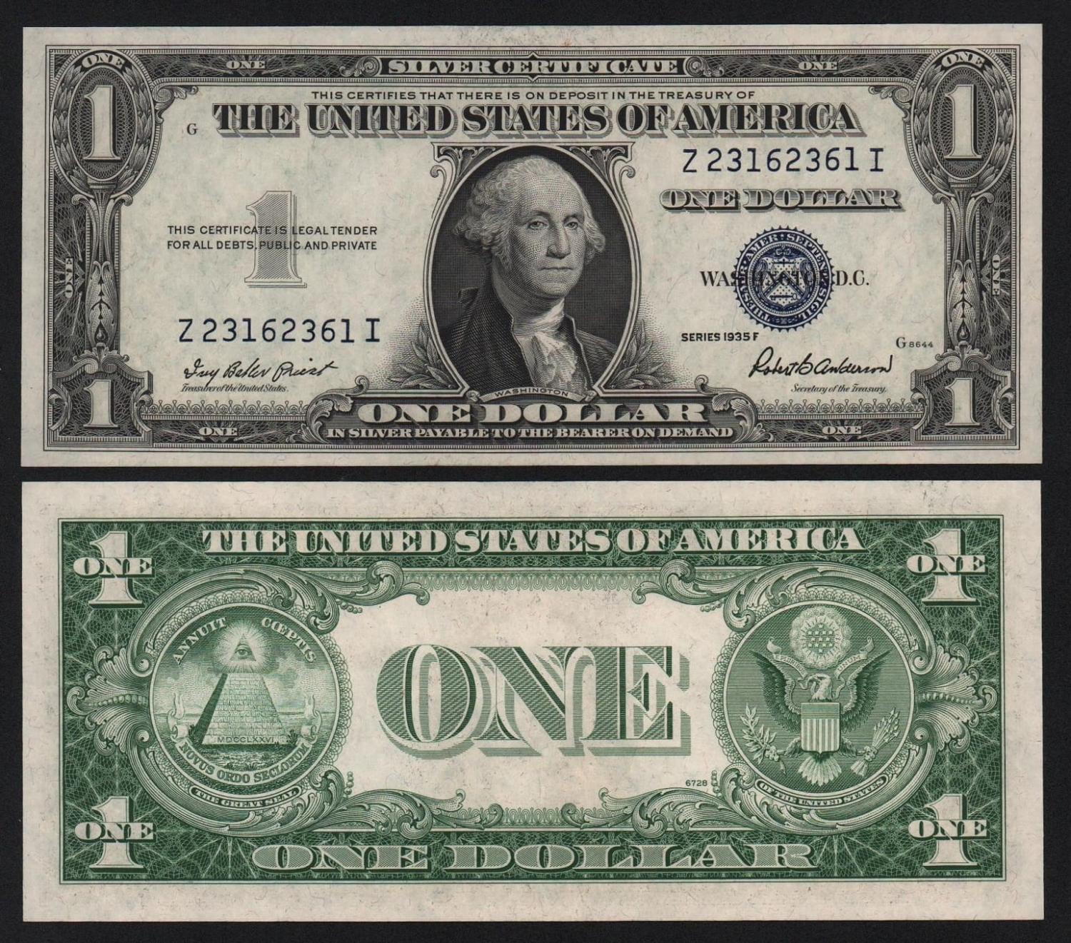Банкнота США 1 доллар 1935 год Литеры ZI подпись Роберт Бернард Андерсон UNC! от Аукциона Значки и Знаки
