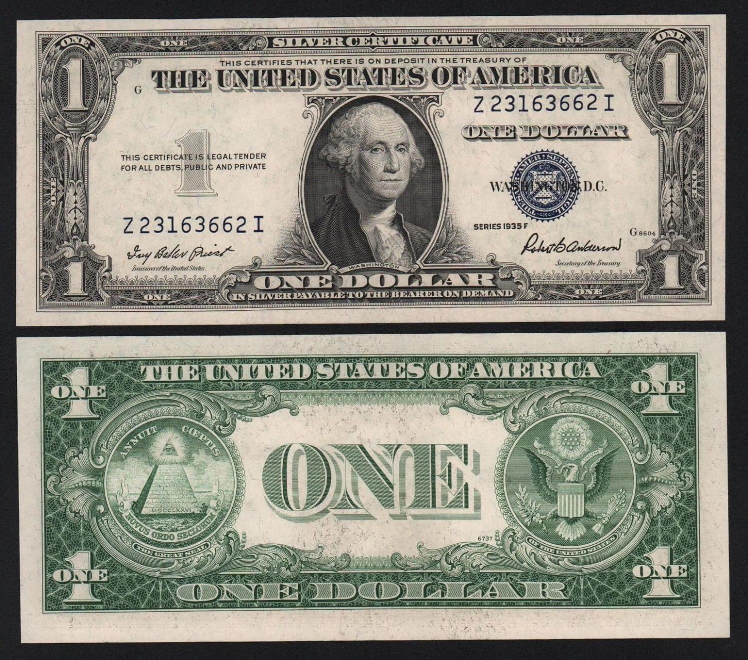 Банкнота США 1 доллар 1935 год Литеры ZI подпись Роберт Бернард Андерсон UNC! от Аукциона Значки и Знаки