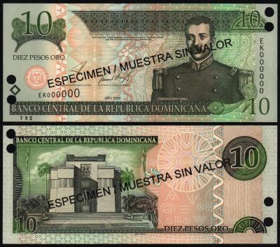 Банкнота Доминикана 10 песо 2002 год UNC-! ОБРАЗЕЦ!