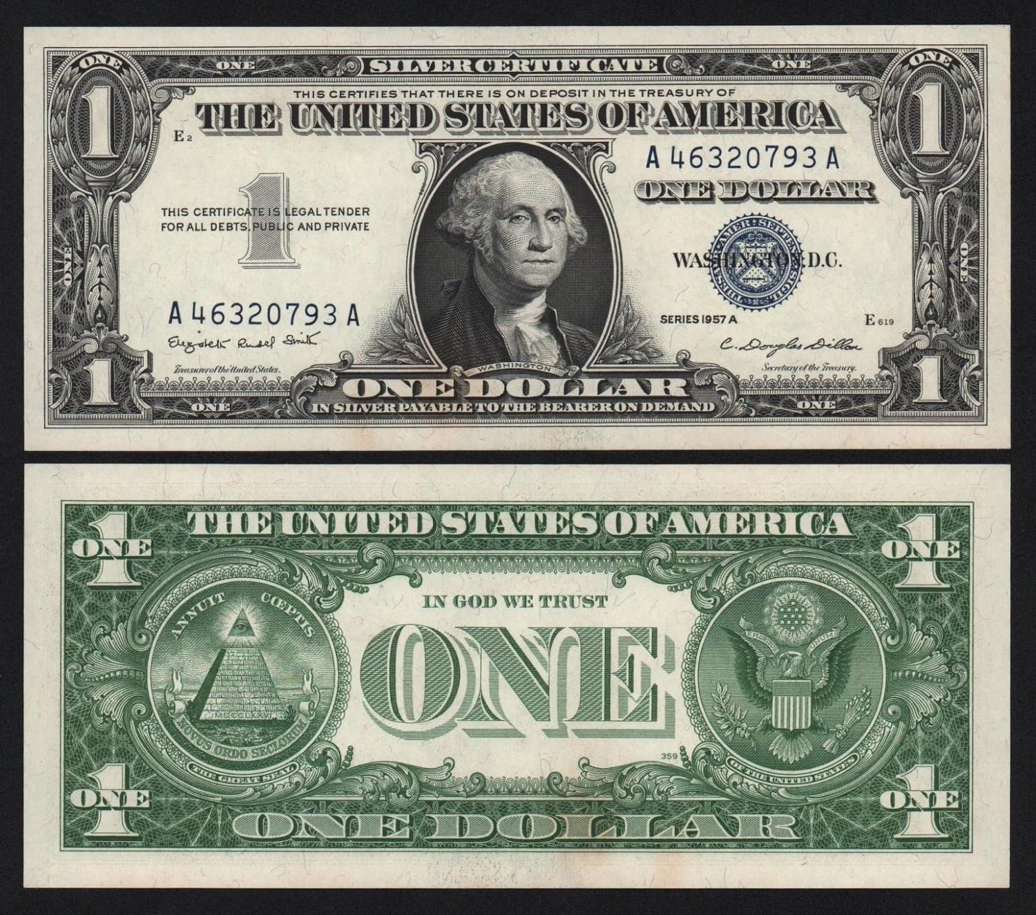 Банкнота США 1 доллар 1957 год Литеры АА подпись Кларенс Дуглас Диллон UNC! от Аукциона Значки и Знаки