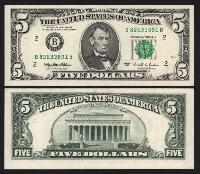 Банкнота США 5 долларов 1995 год B / Нью-Йорк UNC!