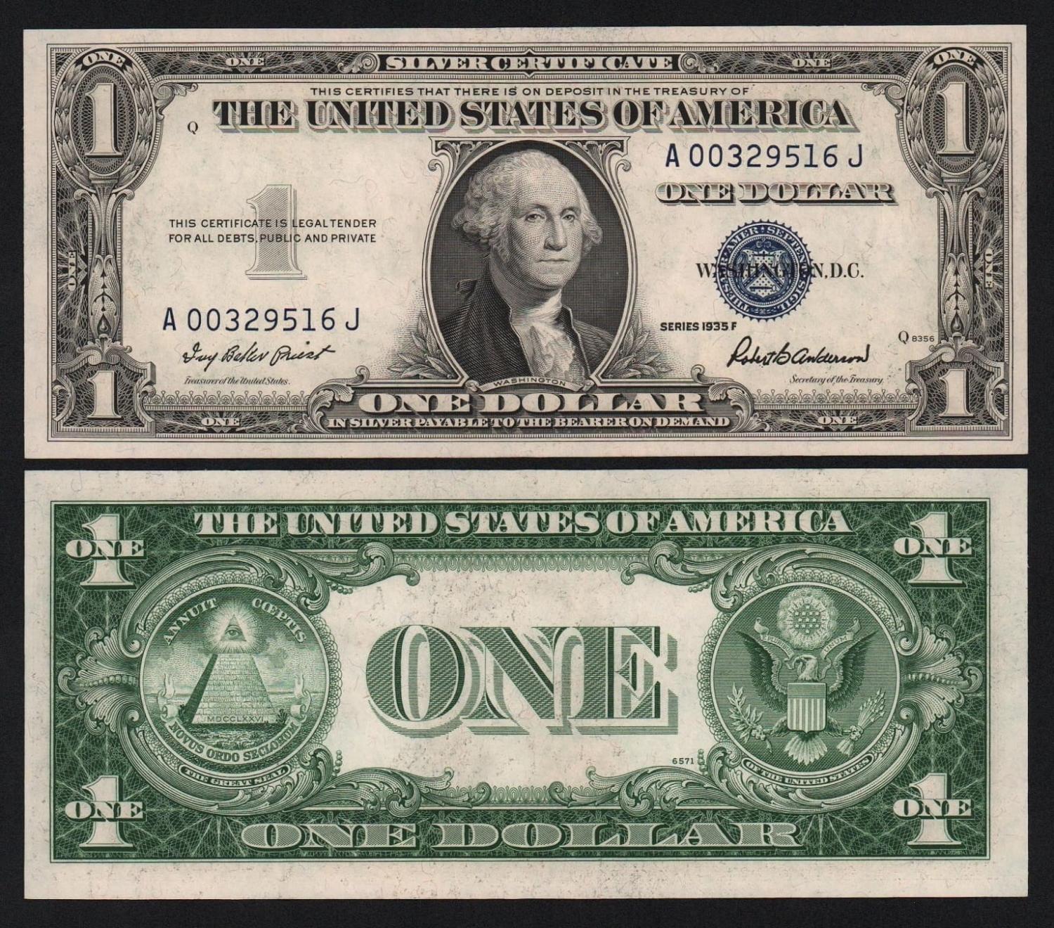 Банкнота США 1 доллар 1935 год Литеры AJ подпись Роберт Бернард Андерсон UNC! от Аукциона Значки и Знаки