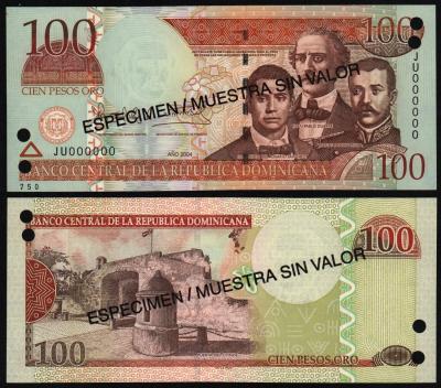 Банкнота Доминикана 100 песо 2004 год UNC! ОБРАЗЕЦ!