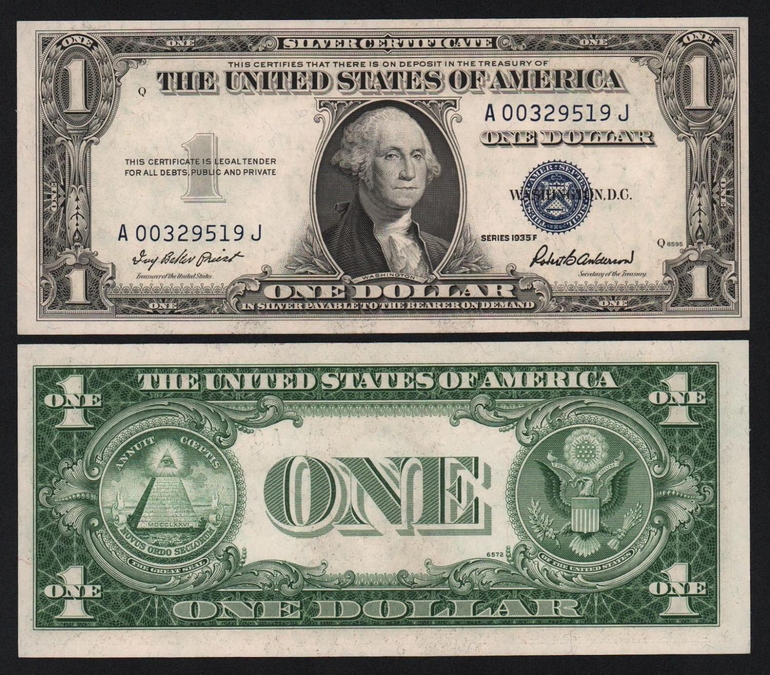 Банкнота США 1 доллар 1935 год Литеры AJ подпись Роберт Бернард Андерсон UNC! от Аукциона Значки и Знаки