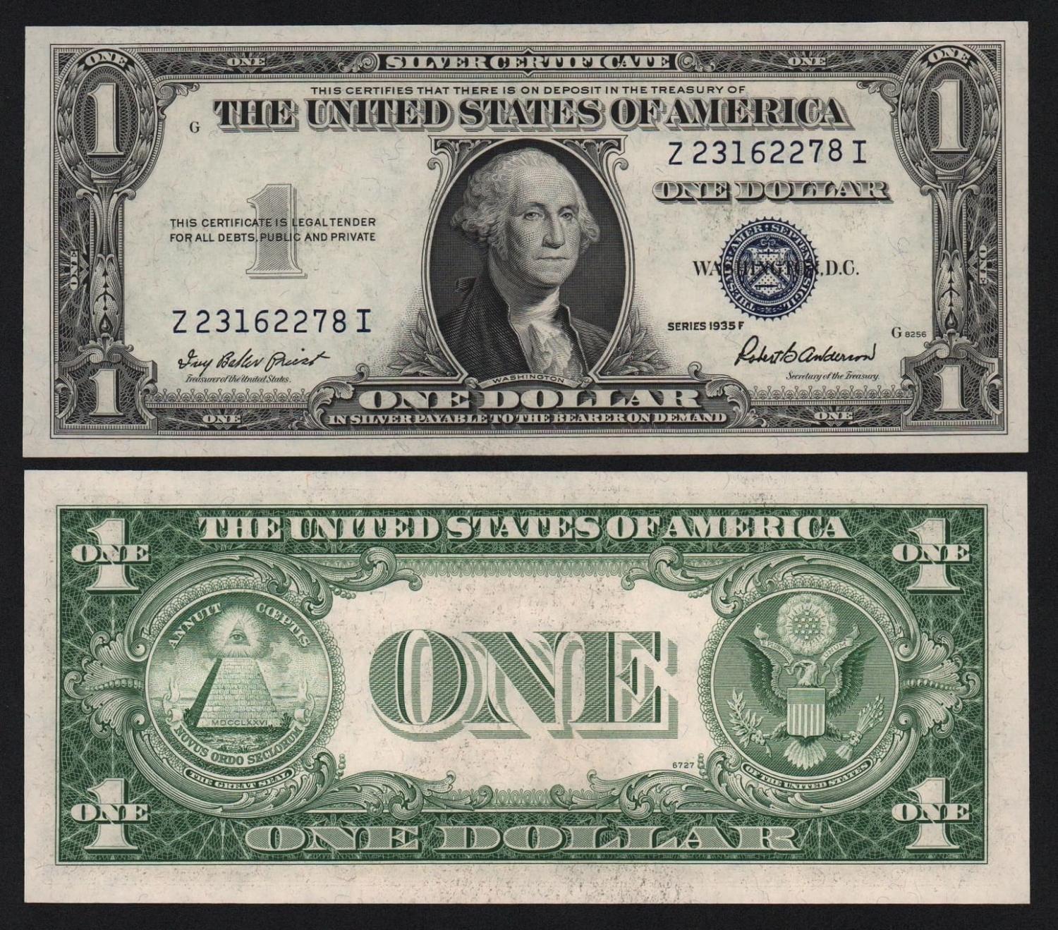 Банкнота США 1 доллар 1935 год Литеры ZI подпись Роберт Бернард Андерсон UNC! от Аукциона Значки и Знаки