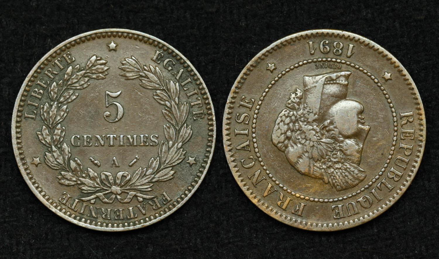 Монета Франция 5 сантимов 1891 год от Аукциона Значки и Знаки