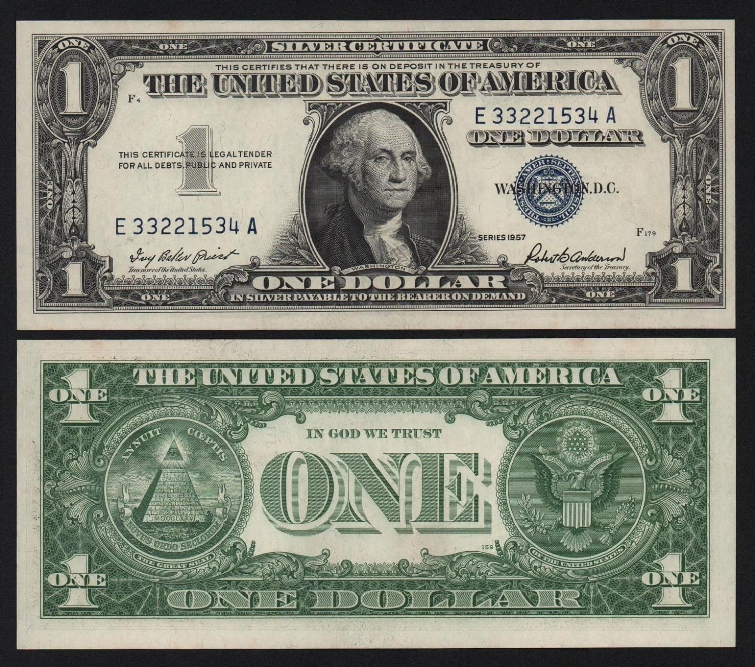 Банкнота США 1 доллар 1957 год Литеры EA подпись Роберт Бернард Андерсон UNC! от Аукциона Значки и Знаки