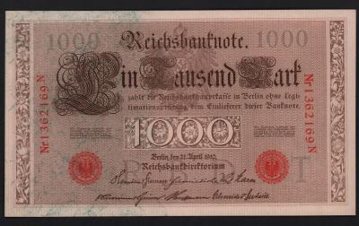 Банкнота Германия 1000 марок 1910 год красная печать, UNC!