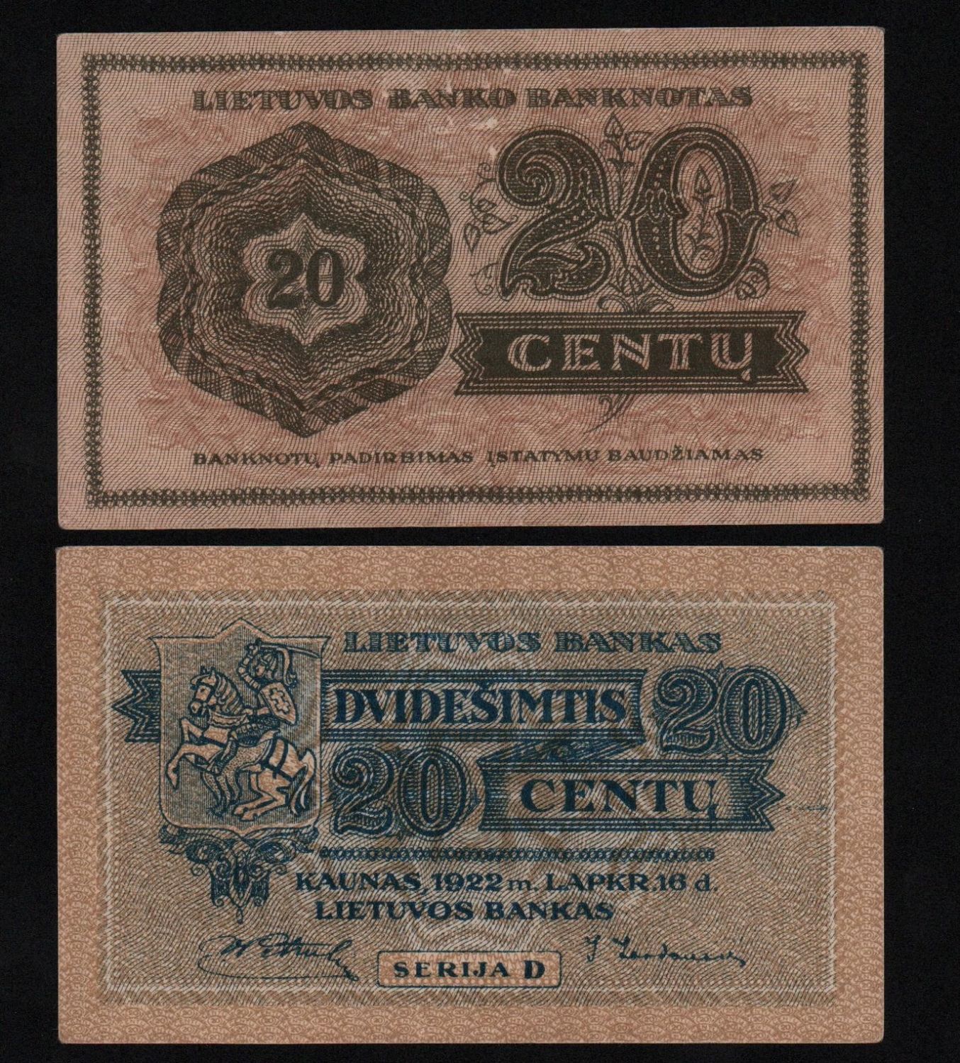 Банкнота Литва 20 центов 1922 год aUNC! RAR! от Аукциона Значки и Знаки
